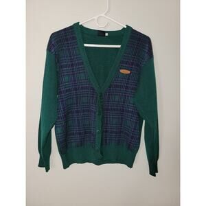 E Land Sweater Cardigan Vintag M Knitted Button Up Green Blue Block Woman
